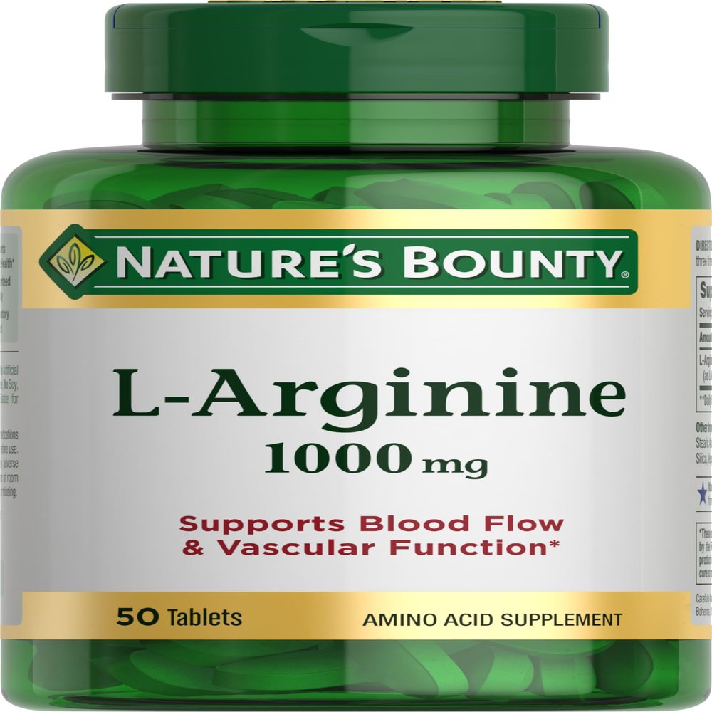 Natures Bounty L-Arginine 1000mg for Supporting Blood Flow and Vascular Function Non-GMO, Gluten Free, 50 Tablets
