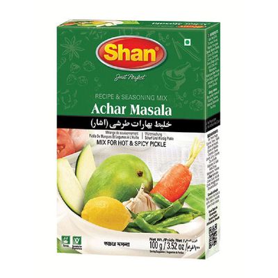 Shan Achar Recipe and Seasoning Mix 3.52 oz (100g) - Spice Powder for Traditional Hot and Spicy Pickle - Suitable for Vegetarians - Airtight Bag in a Box