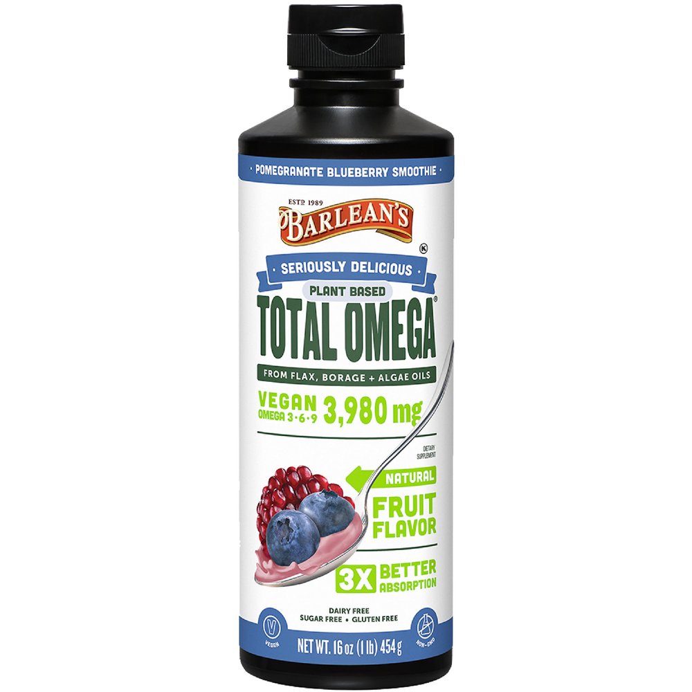 Barlean's Vegan Omega 3 6 9 Flaxseed, Borage and Algae Oil Liquid Supplement, Pomegranate Blueberry, 3,980 mg GLA, EPA and DHA Fatty Acid, Vegan, 16 oz
