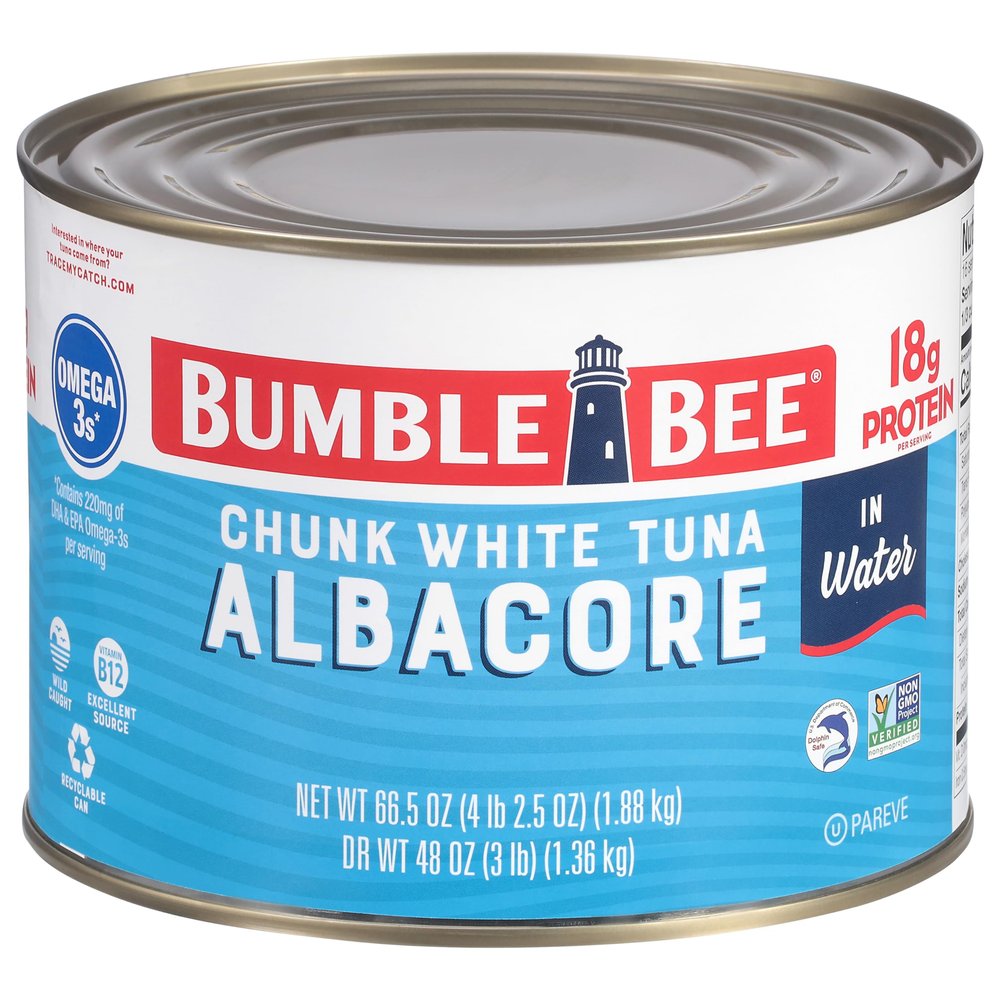 Bumble Bee Chunk White Albacore Tuna in Water, 66.5 oz Bulk Food Service Can - Wild Caught Tuna - 20g Protein per Serving, High in Omega-3s - Non-GMO Project Verified, Gluten Free, Kosher