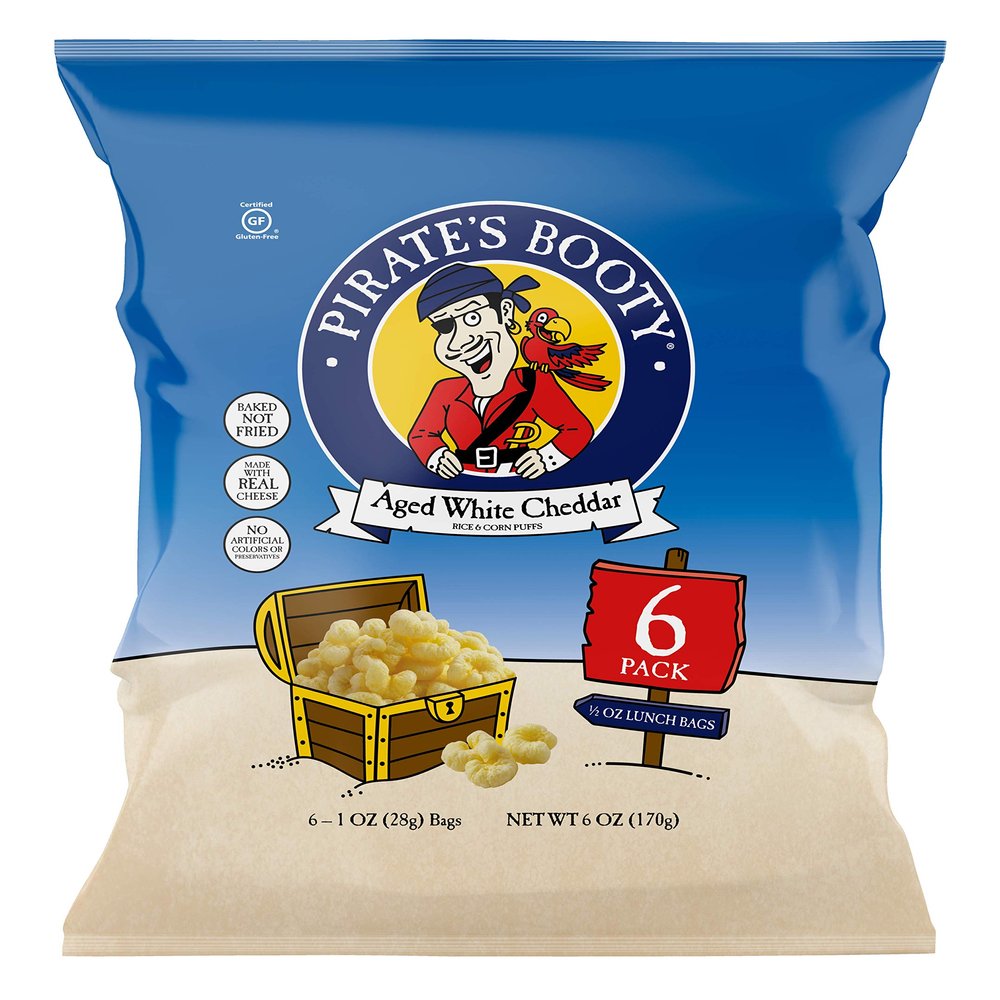 Pirates Booty Cheese Puffs, Healthy Kids Snacks, Real Aged White Cheddar, 1oz Individual Snack Sized Bags (Pack of 6)