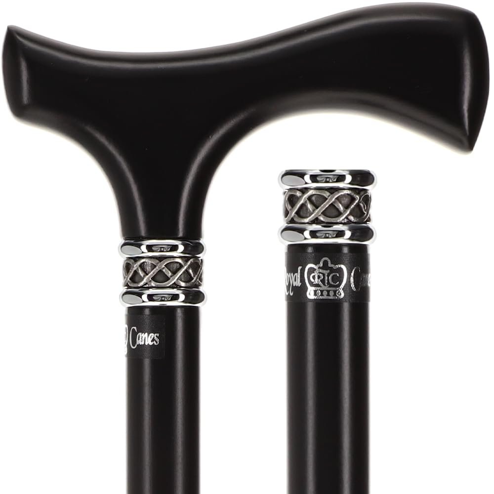 Royal RC Canes Slim Line Black Beachwood Walking Cane with Fritz Handle, Braided Pewter Collar, 16mm Tip  Lightweight Walking Stick for Men and Women