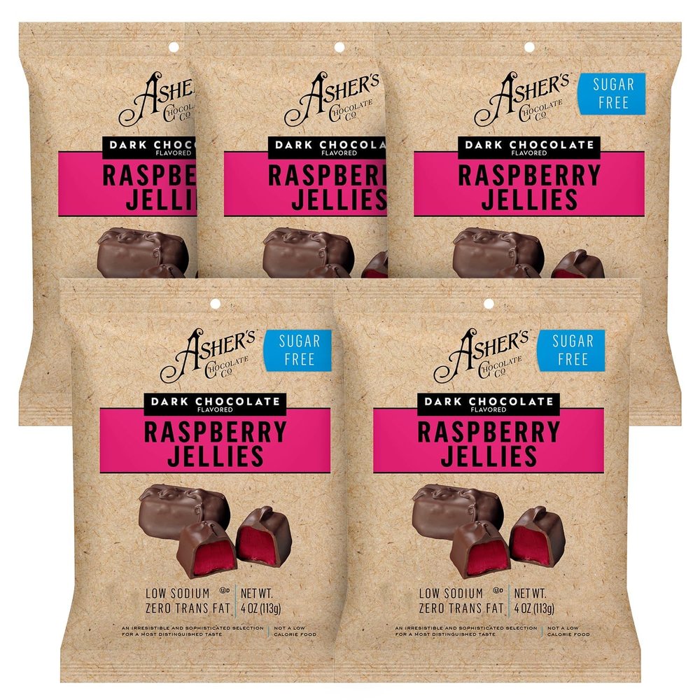 Asher's Chocolates, Sugar Free Dark Chocolate Raspberry Jellies, Diabetic Friendly Chocolate, Small Batches of Kosher Chocolate, Family Owned Since 1892 (5 Bags, Dark Chocolate Raspberry)