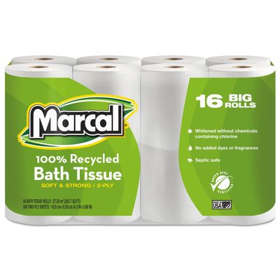 100% Recycled Two-Ply Bath Tissue, Septic Safe, White, 168 Sheets/Roll, 96 Rolls/Carton