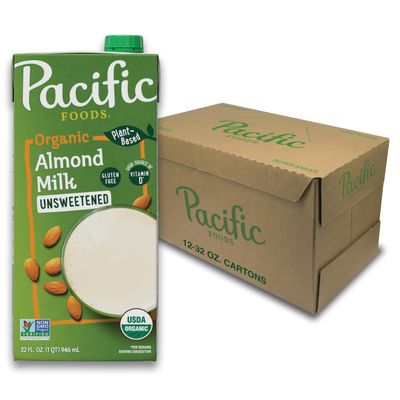 Pacific Foods Organic Unsweetened Almond Milk, Plant Based Milk, 32 oz Carton (12 Pack)