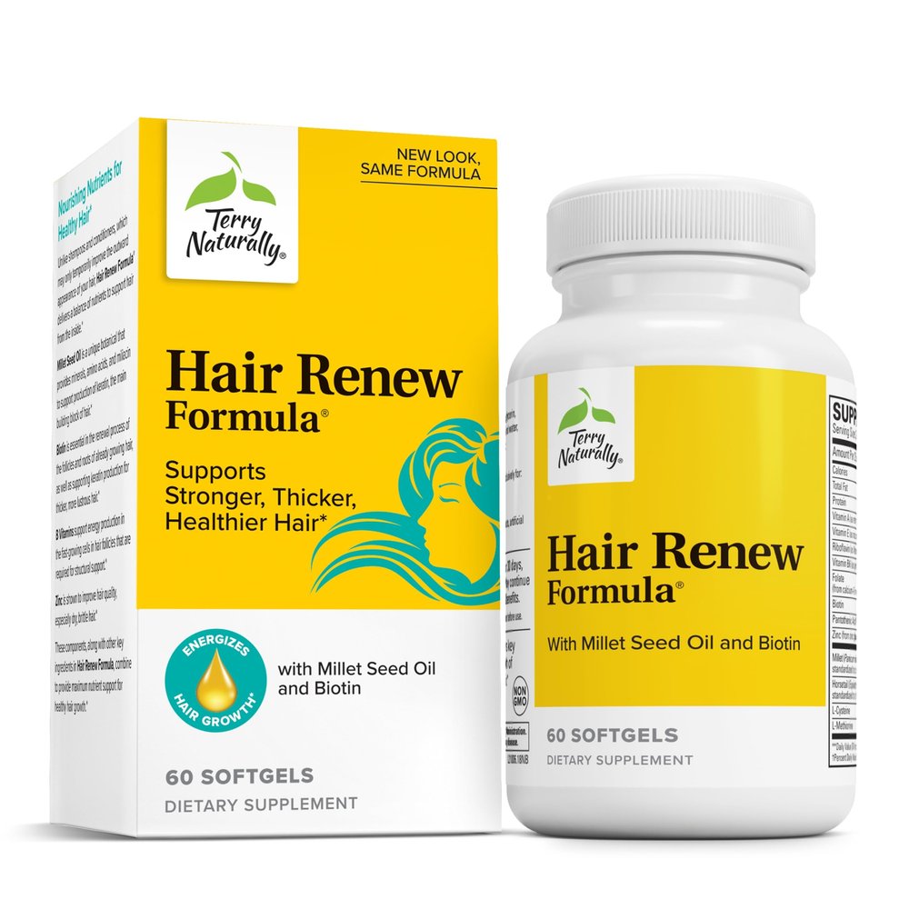 Terry Naturally Hair Renew Formula - Healthy Hair Growth Supplement with Biotin B Vitamins & Zinc - Millet Seed Oil for Keratin Production Support & Stronger, More Radiant Strands - 60 Softgels