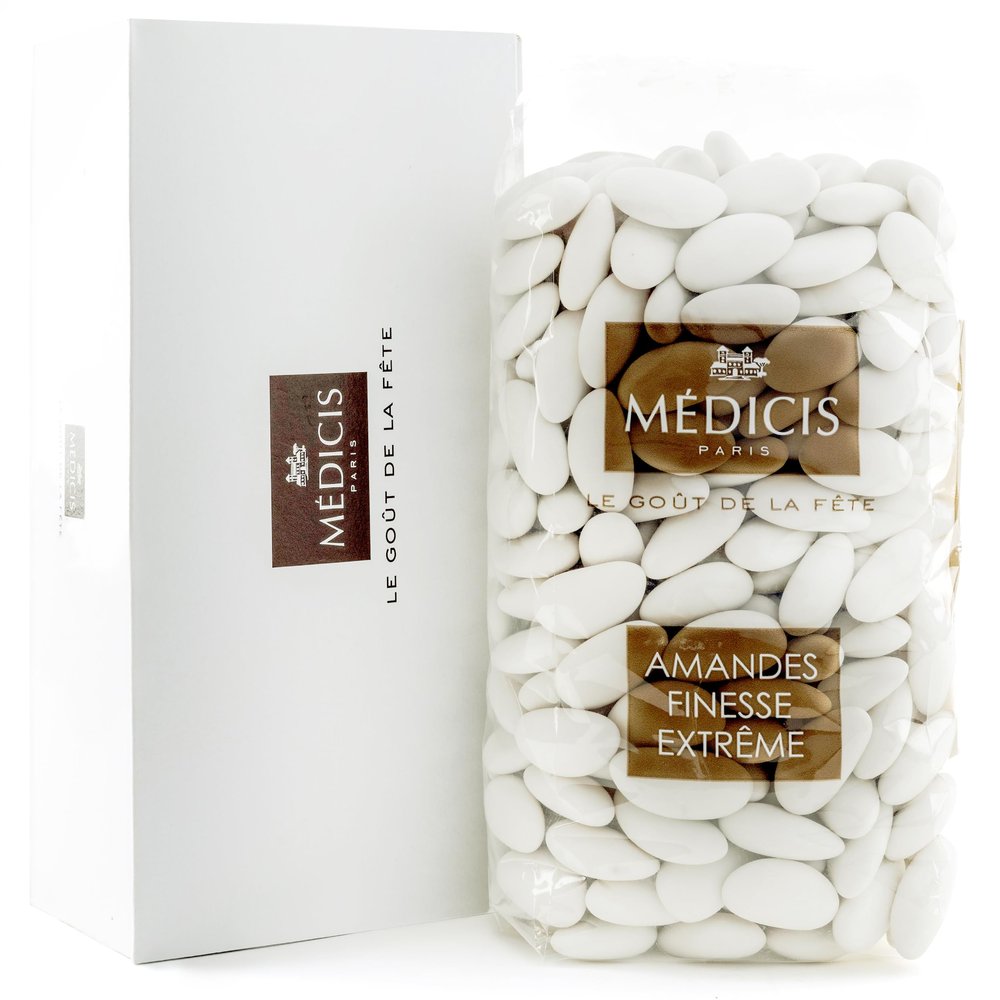 Medicis Premium Candied Almond Dragees (French Jordan Almonds) Sugar Coated Candies Ideal as a Party Favor for Weddings and Baby Showers 330 Count Bag 2.2lbs (White)