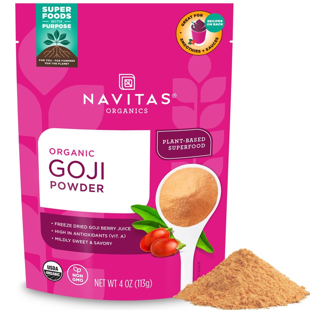 Navitas Organics Goji Powder 100% Freeze Dried Goji Berry Juice Antioxidant Boost For Smoothies, Desserts & More USDA Organic, Non GMO, Kosher, Vegan, Gluten Free (4oz. Bag, 12 Servings)