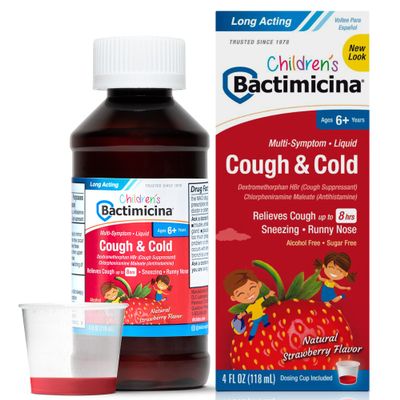 Bactimicina Childrens Cough and Cold Liquid - Kids Cough Medicine - Ages 6 and Up - Natural Strawberry Flavor - 4 Fl OZ