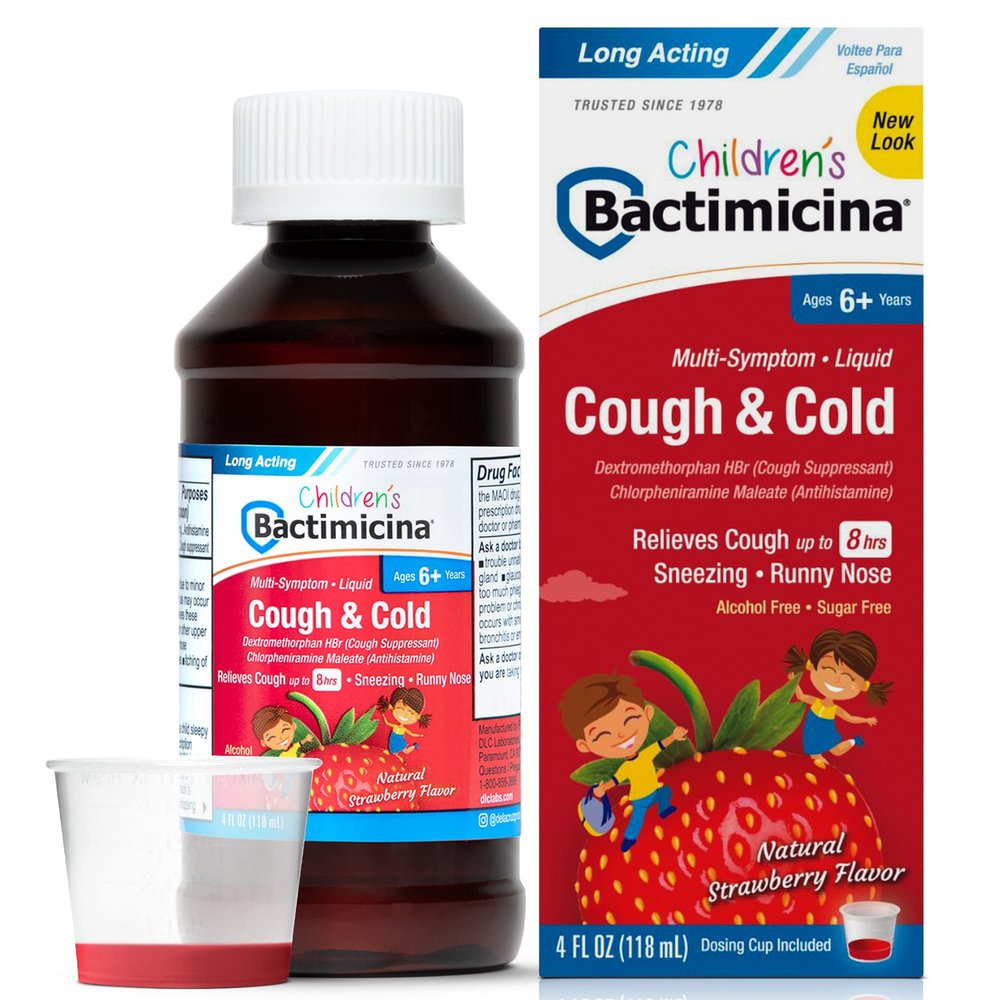 Bactimicina Childrens Cough and Cold Liquid - Kids Cough Medicine - Ages 6 and Up - Natural Strawberry Flavor - 4 Fl OZ