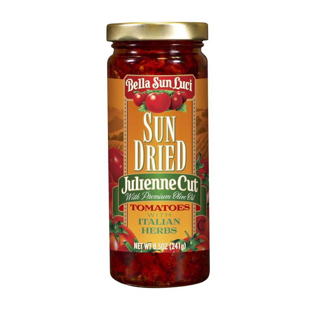 Bella Sun Luci Julienne Cut Sun-Dried Tomatoes in Premium Oil with Italian Herbs, Easy Blend-In Ingredient for Pasta, Sauces & Sandwiches, 8.5 oz