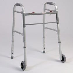 Walking Aid - 1 inch Tubbing, Dual Button folding walker, With 5 inch wheels Weight capacity of 250 lb.