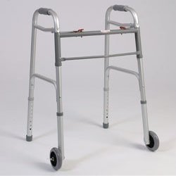 Walking Aid - 1 inch Tubbing, Dual Button folding walker, With 5 inch wheels Weight capacity of 250 lb.