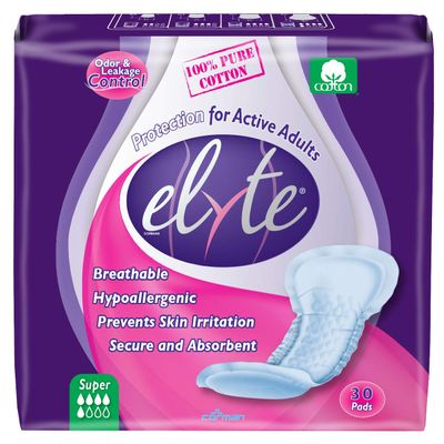 Organyc Elyte 100% Pure Cotton Bladder Control Pads, Sensitive Skin Safe, Super, 30 Count