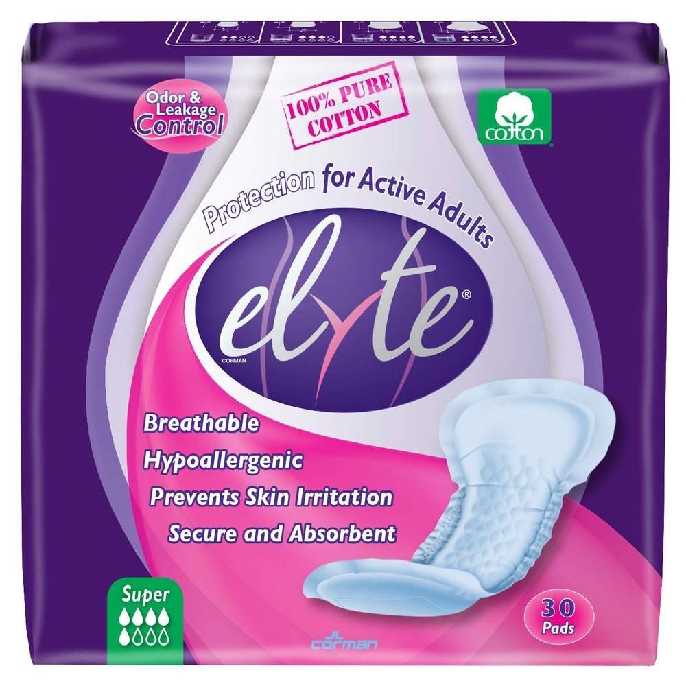 Organyc Elyte 100% Pure Cotton Bladder Control Pads, Sensitive Skin Safe, Super, 30 Count