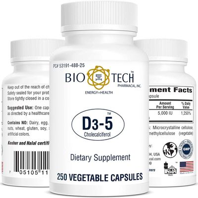 Bio-Tech Pharmacal D3-5 (5000 IU), 250 Vegetable Capsules All-Natural Supplement Supports Bone & Immune Health No Dairy, Fish, Gluten, Peanut, Shellfish, & Soy