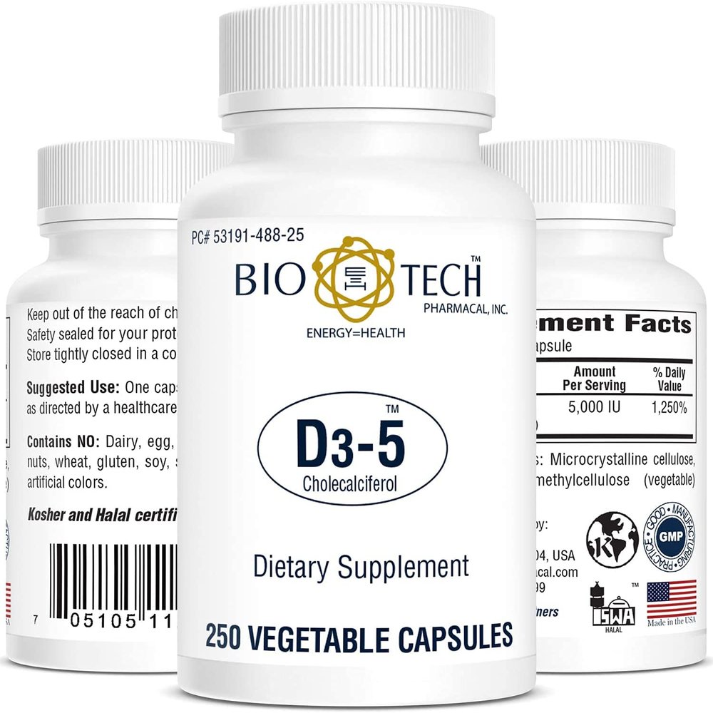 Bio-Tech Pharmacal D3-5 (5000 IU), 250 Vegetable Capsules All-Natural Supplement Supports Bone & Immune Health No Dairy, Fish, Gluten, Peanut, Shellfish, & Soy
