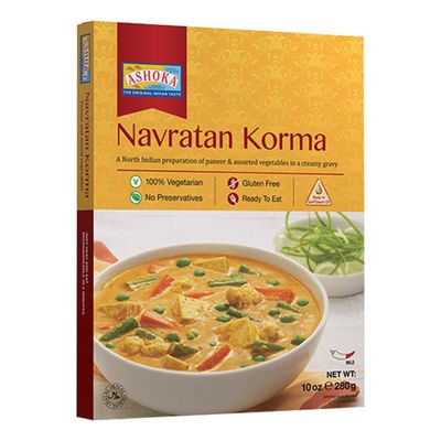 Ashoka Indian Meals 1932, Vegetarian Entry, Mixed Vegetables & Cheese, All-Natural Heat & Eat Navratan Korma, Kosher Certified, Microwave Ready Indian Meals, Gluten-Free, No Preservatives, Pack of 1
