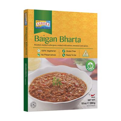 Ashoka All-Natural Entrees 1932, Vegan Mashed Aubergines, Kosher Certified, Microwave Ready Meals, Authentic Baigan Bharta, Portable Backpack Friendly Food, Gluten-Free, No Preservatives, Pack of 1