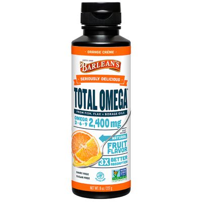 Barlean's Total Omega 3 6 9 Orange Crme Liquid Fish Oil Supplement with Borage and Flaxseed Oil, 2,400 mg of Omegas EPA and DHA Plus GLA for Joint and Heart Health, 8 oz