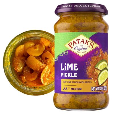 Pataks Medium Lime Pickle - Authentic Indian Relish w/Lime Dices, Mustard Seeds & Aromatic Spices - Perfect for Sandwiches, Curries & Cold Meats - Indian Pickle - 10oz Jar (Pack of 1)