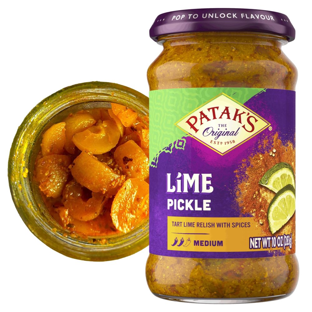 Pataks Medium Lime Pickle - Authentic Indian Relish w/Lime Dices, Mustard Seeds & Aromatic Spices - Perfect for Sandwiches, Curries & Cold Meats - Indian Pickle - 10oz Jar (Pack of 1)