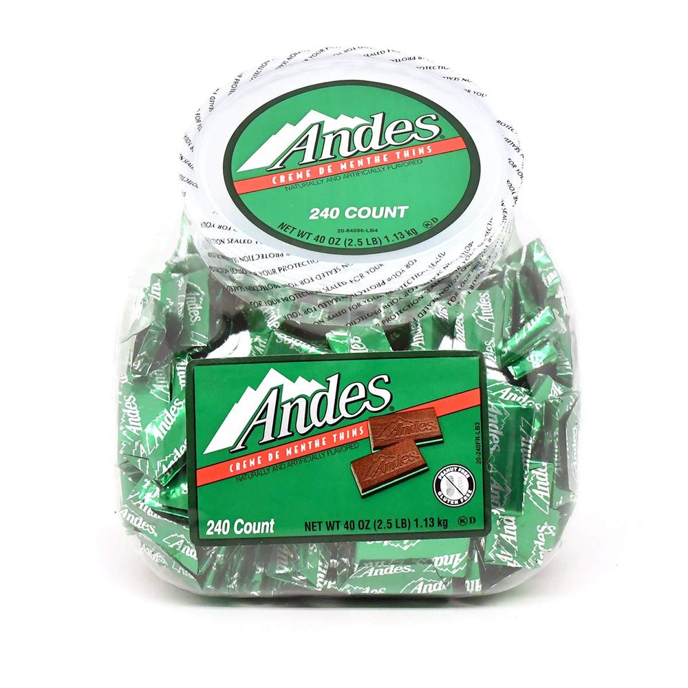 Andes Creme De Menthe Thin Mints - 2.5 Pounds of Bulk After Dinner Mints - Rectangular Chocolate Sandwich Mint Candies - 40 Oz Tub, 240 Count