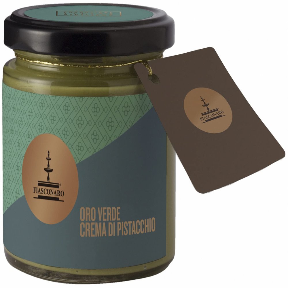 Fiasconaro Oro Verde Pistachio Cream di Bronte Jar 180g Traditional Italian Gourmet Pistachio Spread from Sicily | Premium Crema di Pistacchio Christmas Dessert Pastry Hostess Gifts Made In Italy