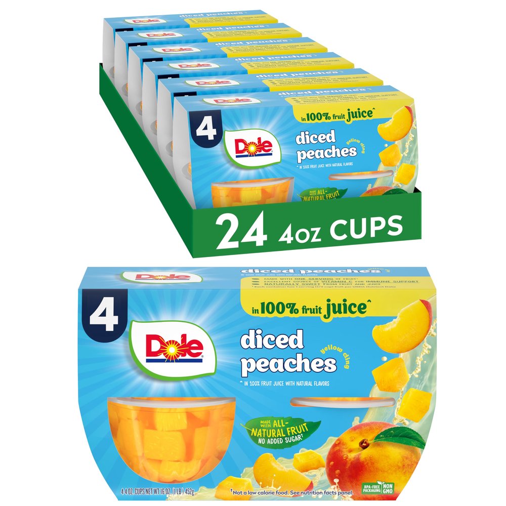 Dole Fruit Bowls, Diced Peaches in 100% Fruit Juice Snacks, 4oz 24 Total Cups, Gluten & Dairy Free, Bulk Lunch Snacks for Kids & Adults