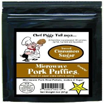 Chef Piggy Tail Microwave Pork Puffies Pork Rinds, Cinnamon Sugar, 2 Ounce
