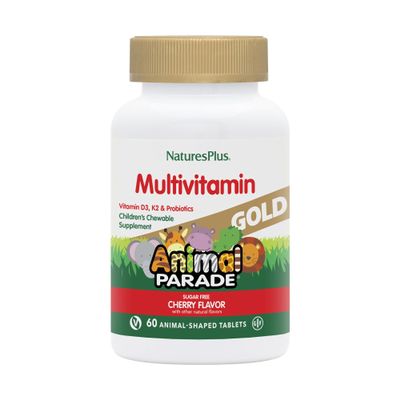 NaturesPlus Animal Parade Gold Multivitamin Childrens Chewables - Cherry Flavor - 60 Chewable Animal-Shaped Tablets - With Vitamin D3, K2 & Probiotics - 30 Servings