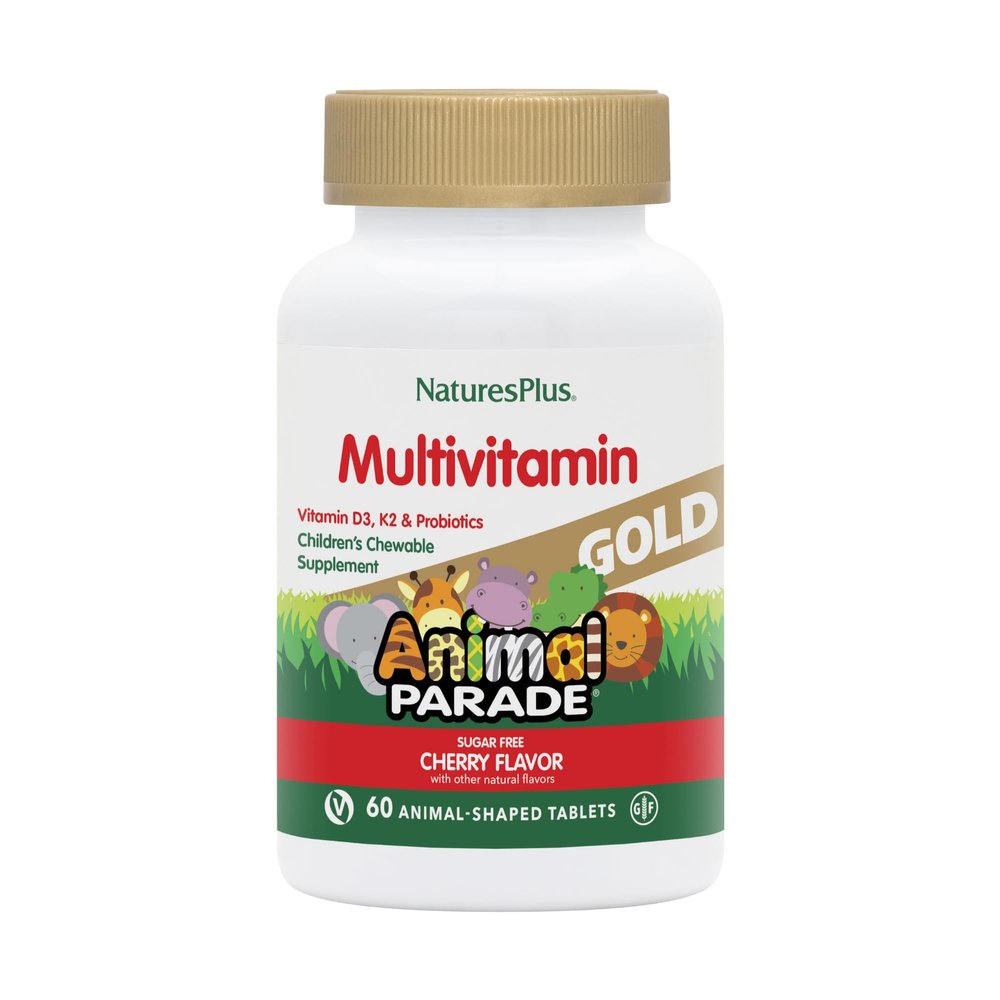 NaturesPlus Animal Parade Gold Multivitamin Childrens Chewables - Cherry Flavor - 60 Chewable Animal-Shaped Tablets - With Vitamin D3, K2 & Probiotics - 30 Servings