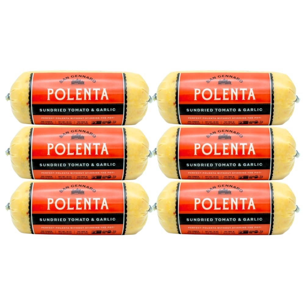 Sundried Tomato & Garlic Italian Polenta Tube by San Gennaro | Crafted from Non-GMO Yellow Corn | Ready for Quick Heat & Serve Meals | Gluten Free Cornmeal Roll, 18 ounce, Pack of 6