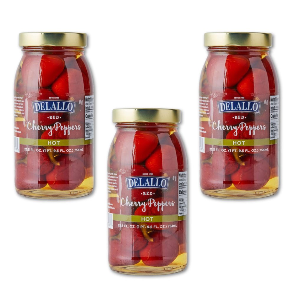 DeLallo Red Hot Cherry Peppers, Pickled and Packed in Vinegar Brine, Spicy Sweet Flavor, Naturally Cured, Non-GMO, Gluten Free, Vegan, 25.5 oz Jar (3 Pack)