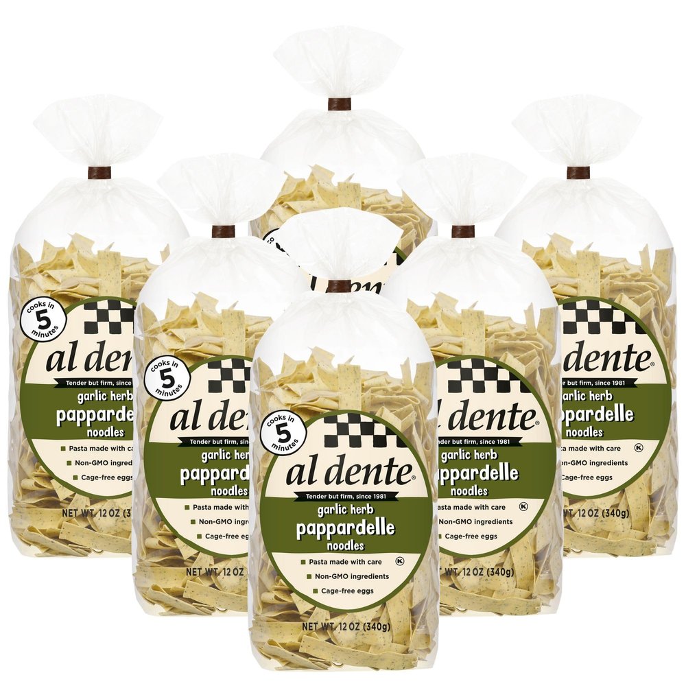 Al Dente Garlic Herb Pappardelle All-Natural, Hand-Crafted Egg Pasta, Gourmet and Flavorful, Traditional Wide Noodles Made with Cage-Free Eggs, Semolina, Garlic, and Herbs - 12oz Bags (Pack of 6)