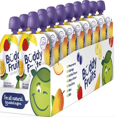 Buddy Fruits Snacks To Go Multifruit Unsweetened Applesauce 3.2oz Pouch (18pk) Gluten-Nut-Dairy-Preservatives-BPA Free, Non GMO, Kosher