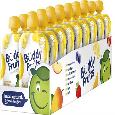 Buddy Fruits Snacks To Go Banana Unsweetened Applesauce 3.2oz Pouch (18pk) Gluten-Nut-Dairy-Preservatives-BPA Free, Non GMO, Kosher