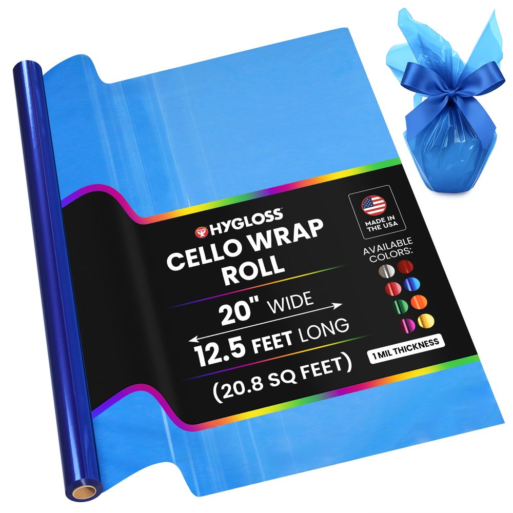 Hygloss Products Roll Cellophane Wrap for Crafts, Gifts, and Baskets 20 Inch x 12.5 Feet, Blue