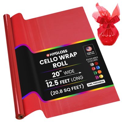 Hygloss Products Roll Cellophane Wrap for Crafts, Gifts, and Baskets 20 Inch x 12.5 Feet, Red