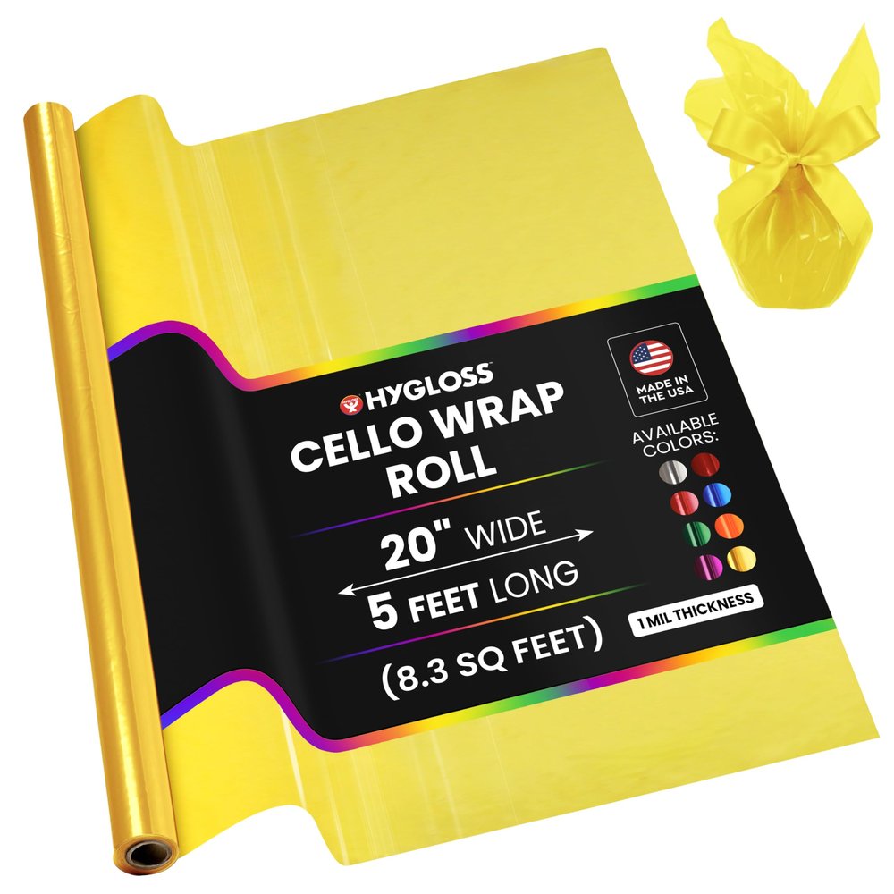 Hygloss Products Cellophane Roll  Cellophane Wrap for Crafts, Gifts, and Baskets 20 Inch x 5 Feet, Yellow