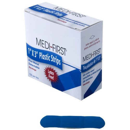 1" x 3" Blue Plastic Adhesive Strip Bandage - 100 / Box