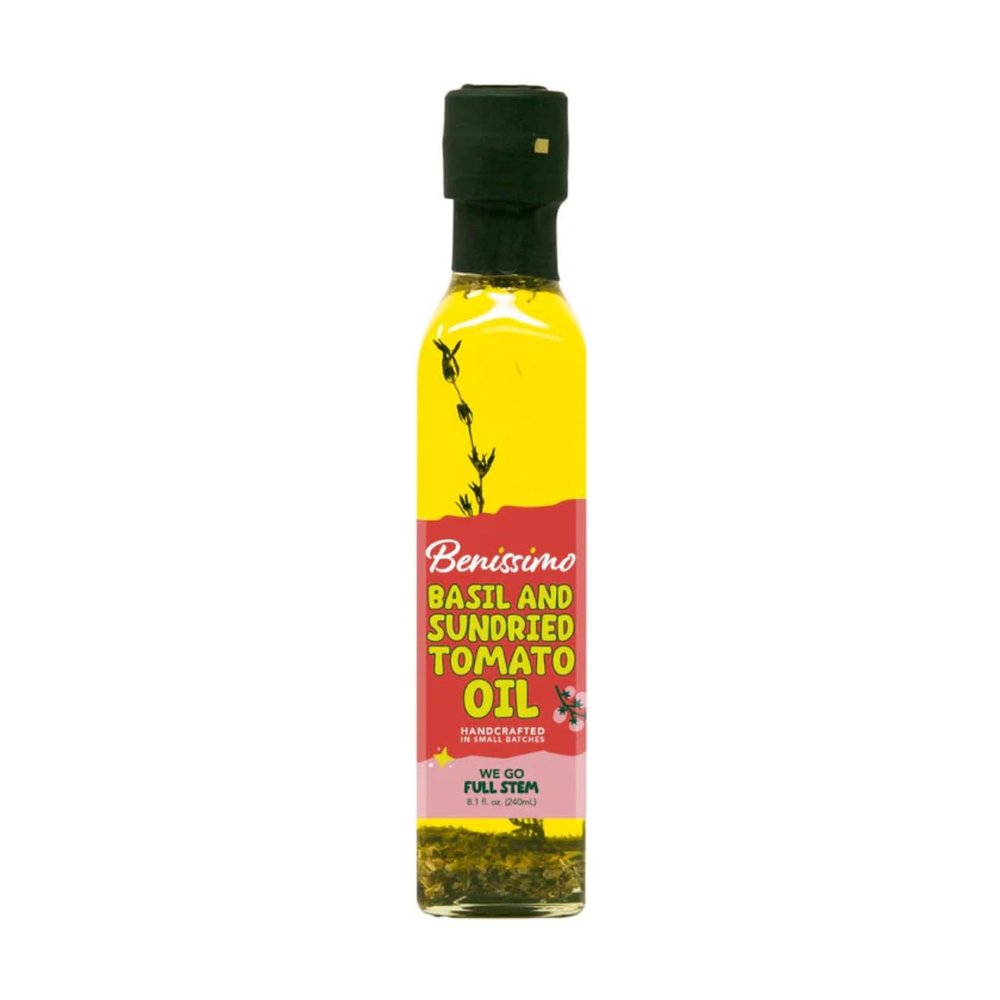 Benissimo Basil and Sun Dried Tomato Herb Infused Oil, All Natural Gourmet Cooking Oil with Garden-Fresh Herbs, Ideal for Dipping, Sauting, Drizzling, 8.1 fl oz