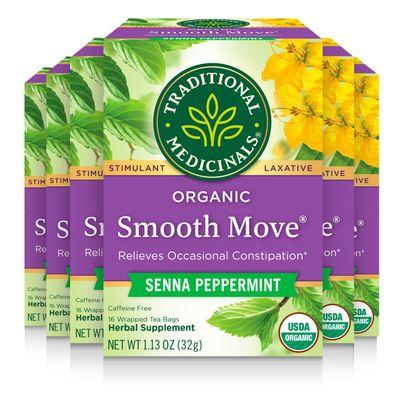 Traditional Medicinals Tea, Organic Smooth Move Peppermint, Relieves Occasional Constipation, Senna, 96 Tea Bags (6 Pack)