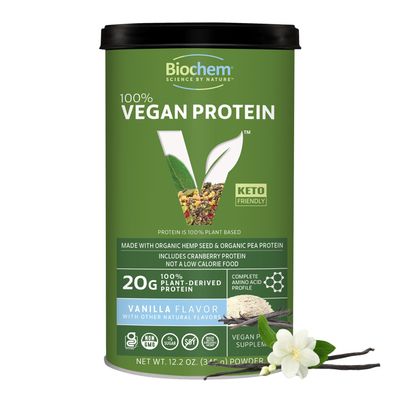 Biochem Vegan Protein Powder  20g Plant-Based Protein for Muscle Support  Organic Pea, Hemp & Cranberry Protein  Low Carb, Low Fat, Gluten-Free, Non-GMO, Keto-Friendly  Vanilla Flavor  12.2 oz