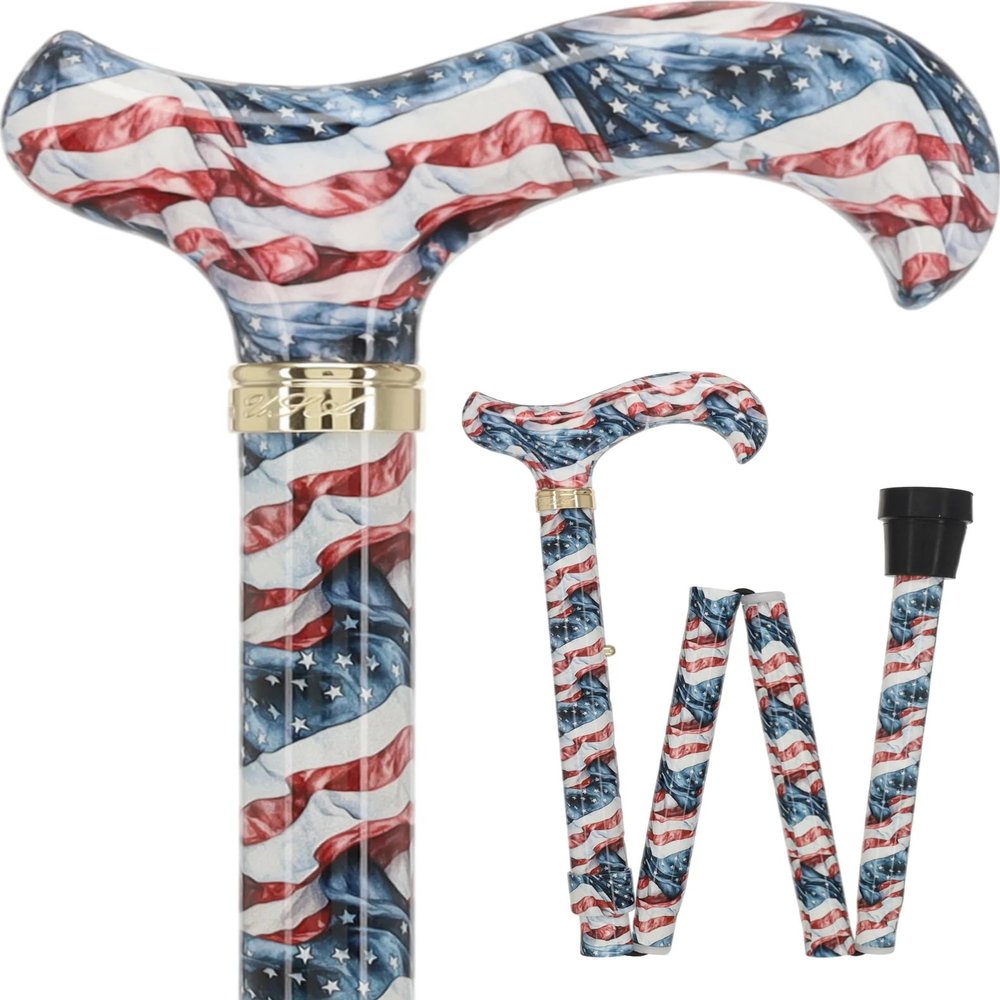 Royal RC Cane American Flag Designer Folding Walking Cane & Stick with Adjustable Height, Ergonomic Derby Handle, Lightweight Travel Mobility Cane with 18mm Rubber Tip for Men & Women up to 250