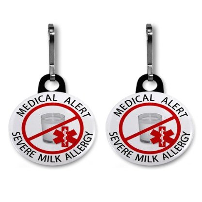 Creative Clam Severe Milk Allergy Red Medical Alert 2-pack 1 Inch Black Zipper Pull Charms