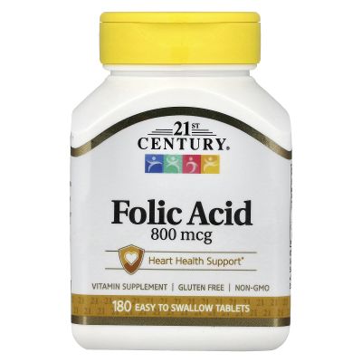 21st Century 800 mcg Folic Acid Tablets, Assorted, 180 Count