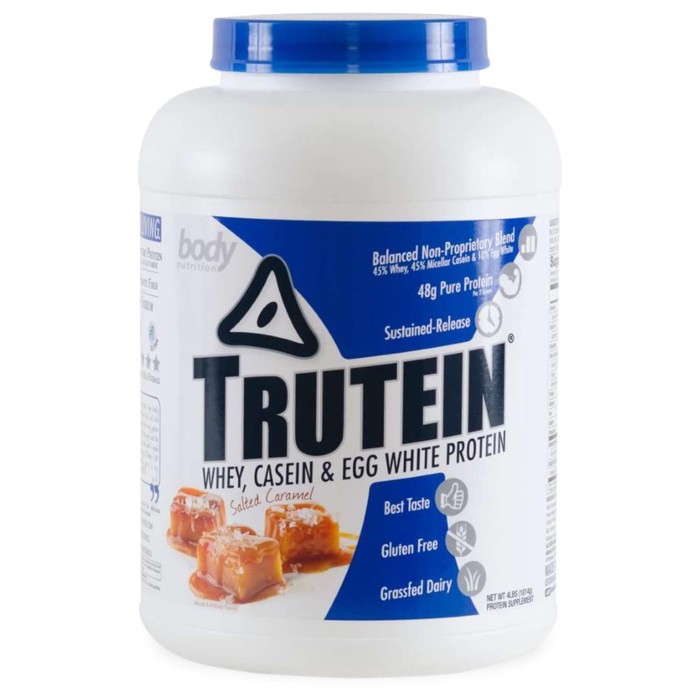 Body Nutrition Trutein High Protein Powder: 45% Whey, 45% Casein, 10% Egg White, Gluten-Free, Low Sodium, Grass Fed Whey Protein Powder, Gym Supplement & Breakfast Shake, Salted Caramel, 4lb