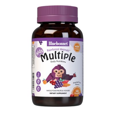Bluebonnet Nutrition Rainforest Animalz Whole Food Based Multiple Chewable Tablet, Kids Multivitamin & Mineral, Vitamin C, D3, Iron, Gluten Free, Milk Free, Kosher, 180 Chewable Tablets, Mixed Flavor
