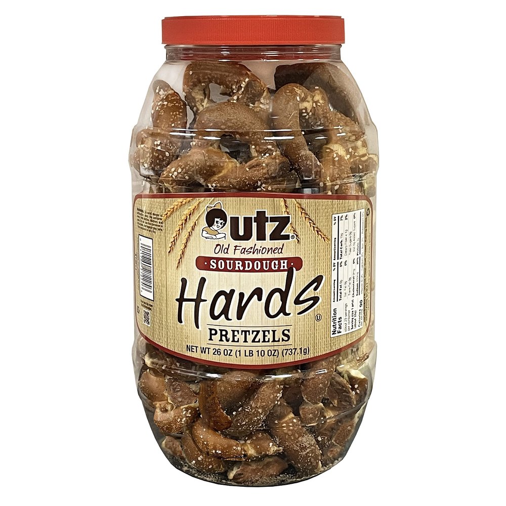 Utz Old Fashioned Sourdough Hard Pretzels 28 oz Barrel Big and Thick Classic Pretzel Knot Twist, Crunchy Sourdough Pretzel with Zero Cholesterol